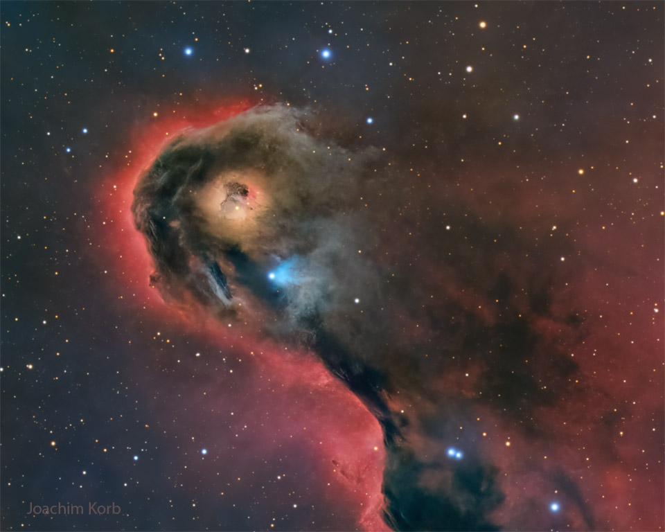 The featured image shows an interstellar gas globule
that looks like a monster superposed against a glowing red
background.
Please see the explanation for more detailed information.