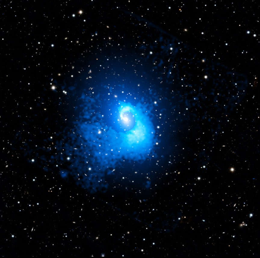 On a dark background, galaxies are shown as fuzzy white dots.
	  A bright blue spiral expands from the centre.
	  Clicking on the picture will download the highest resolution
	  version available.