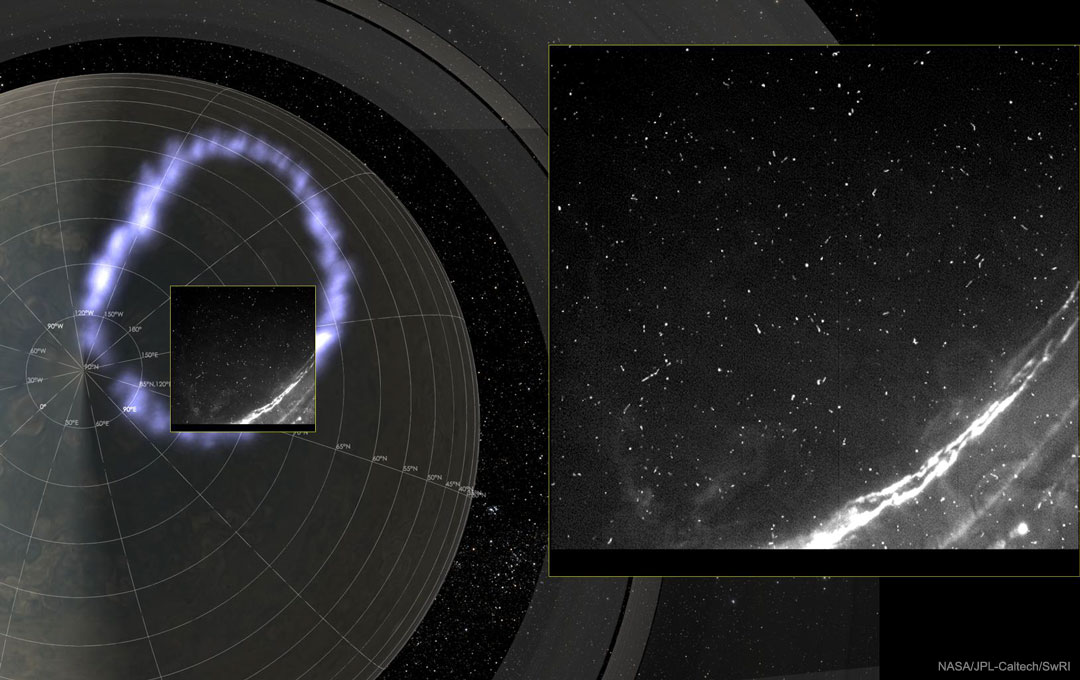 The pole of planet Jupiter is shown featuring aurora and lightning. See Explanation.