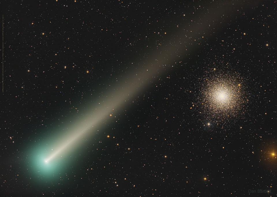 The featured image shows Comet Leonard passing in 
front of globular star cluster M3.
Please see the explanation for more detailed information.