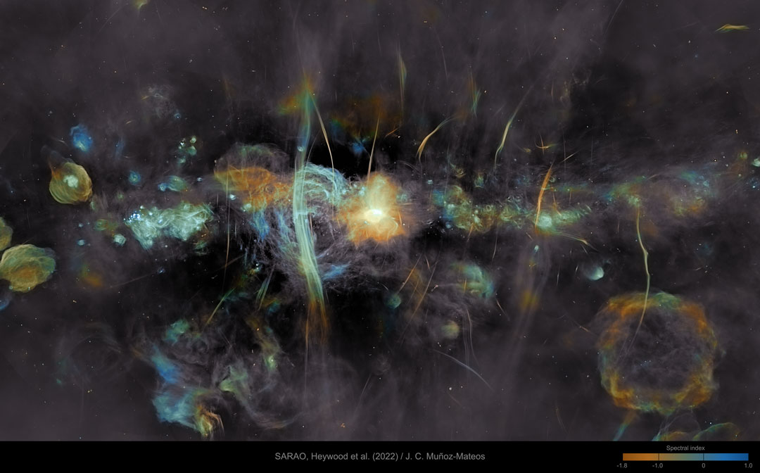 The featured image shows the very centre of our Milky Way
Galaxy as resolved by the MeerKAT array in radio light. Many supernova
remnants and unusual filaments are visible. 
Please see the explanation for more detailed information.