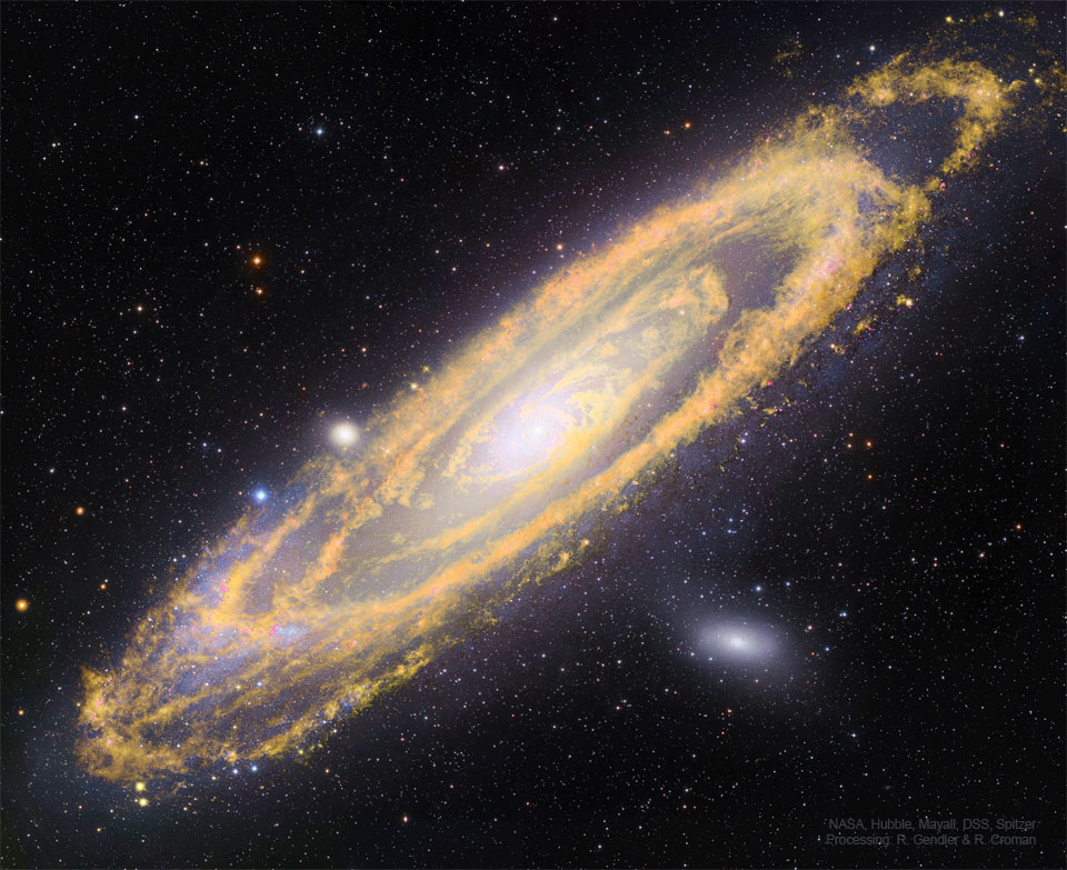 The featured image shows M31, the Andromeda Galaxy, in both infrared light, coloured orange, and visible light, coloured white and blue.  Please see the explanation for more detailed information.