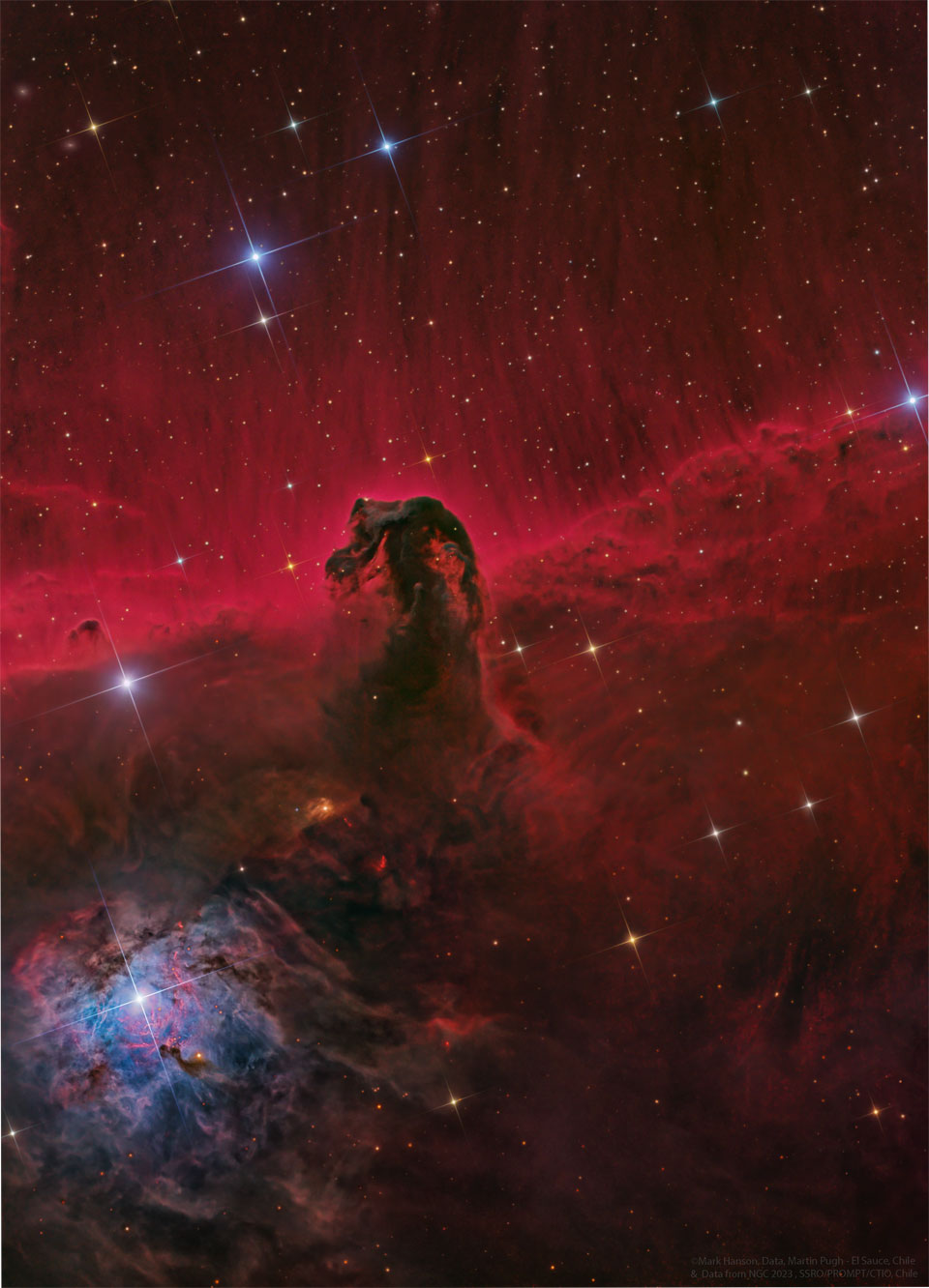 A dark nebula resembling the head of a horse is
imaged before a red-glowing background. Stars appear
throughout the image.
Please see the explanation for more detailed information.