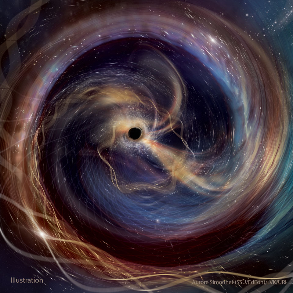 Artwork depicts a colourful version of two black 
holes nearing collision from between the black holes.
Swirling gas is depicted with wavey lined depicting
gravitational waves ringing and an artificial grid
depicting spacetime shown distorting. 
Please see the explanation for more detailed information.