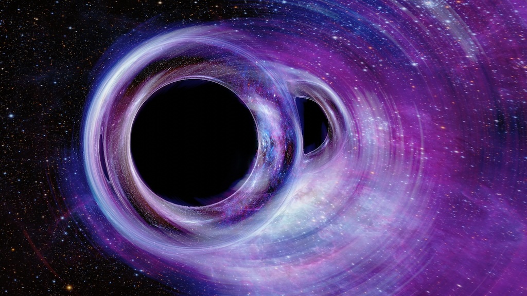 Illustration showing a binary black hole close to merger
	  in front of the Tarantula Nebula.
	  Please see the explanation for more detailed information.