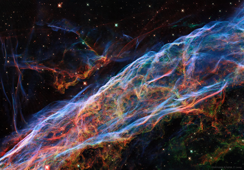 A closeup image of the Veil Nebula taken by the Hubble Space Telescope. See Explanation.