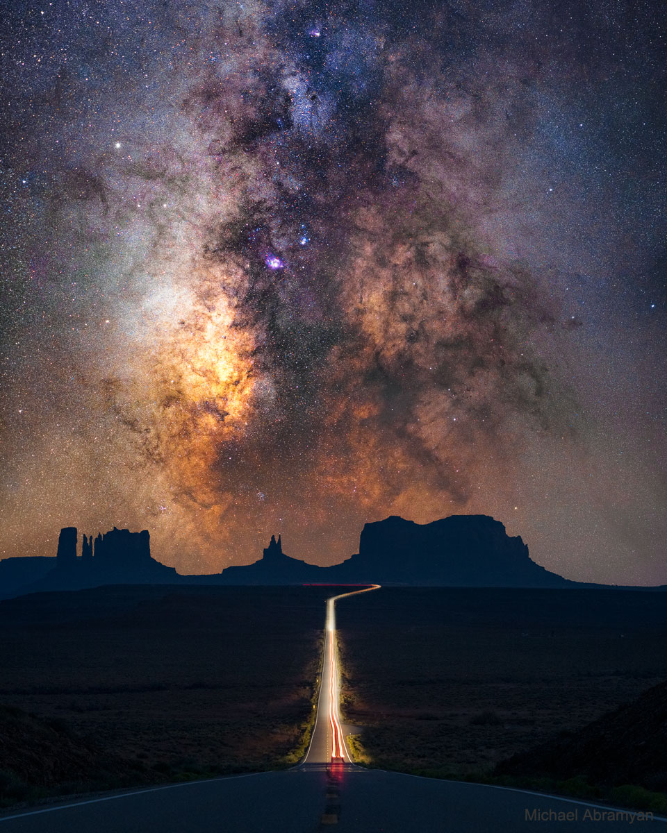The picture shows the a composite image of Monument Valley, Utah, USA 
in the foreground, and the plane of the Milky Way Galaxy including 
the Galactic Centre in the background. 
Please see the explanation for more detailed information.