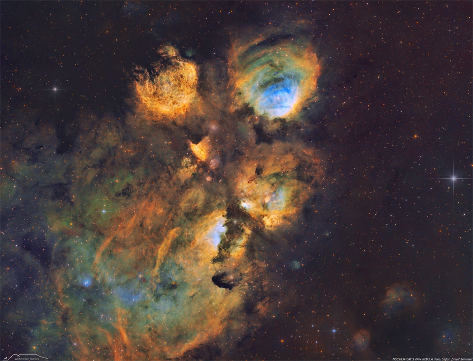 The featured image shows the Cat's Paw Nebula,
an emission nebula catalogued as NGC 6634. The nebula
is shown in assigned scientific colours similar to the
famous Hubble palette. 
Please see the explanation for more detailed information.