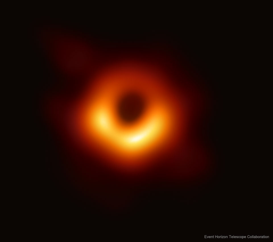 The featured image shows a black hole in 
unprecedented detail as first seen by the Event Horizon
in 2019. The featured black hole resides at the 
centre of nearby galaxy M87.
Please see the explanation for more detailed information.