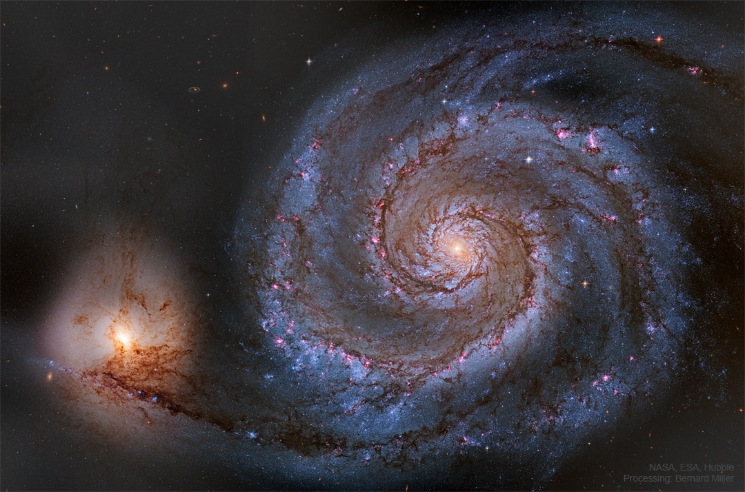 The featured image shows the nearby Whirlpool Galaxy
catalogued as Messier 51. Detail spiral arms of this spiral
galaxy are visible, as well as its interaction with a 
smaller galaxy on the image left.
Please see the explanation for more detailed information.