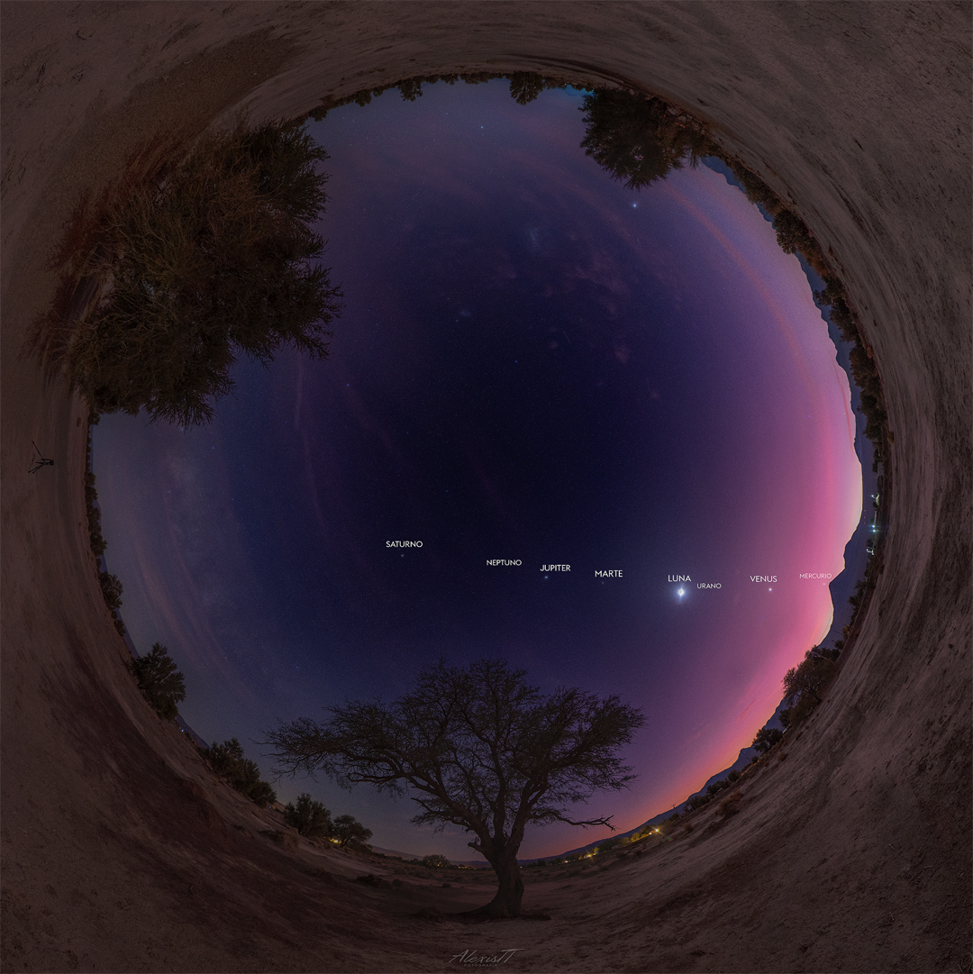 The featured image is a circular, fisheye, all-sky image 
showing every planet in the Solar System lined up horizontally 
along the image centre, along with Earth's Moon. Trees and 
hills from the Atacama Desert link populate the outer circle edge.
Please see the explanation for more detailed information.