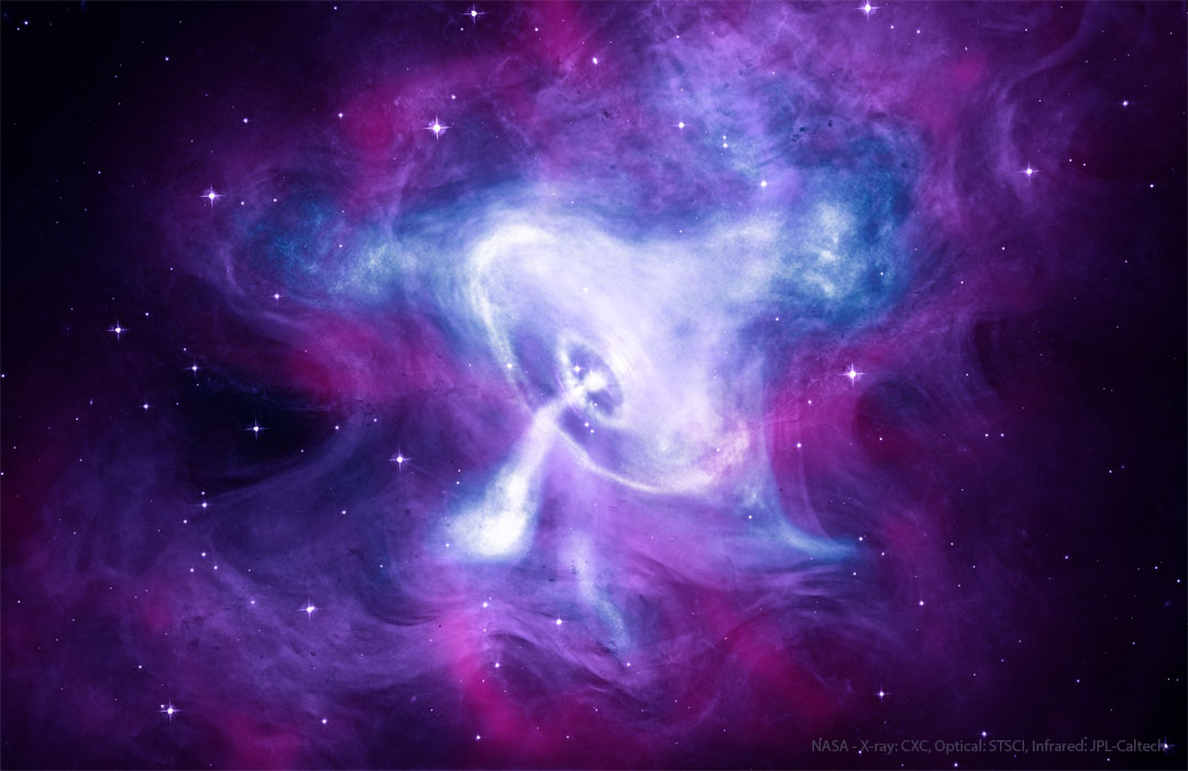 The featured image shows the centre of the Crab Nebula
in colours mapped to Hubble, Chandra, and Spitzer space 
telescopes. The Crab pulsar appears in the centre surrounded
by a spinning disk.
Please see the explanation for more detailed information.
