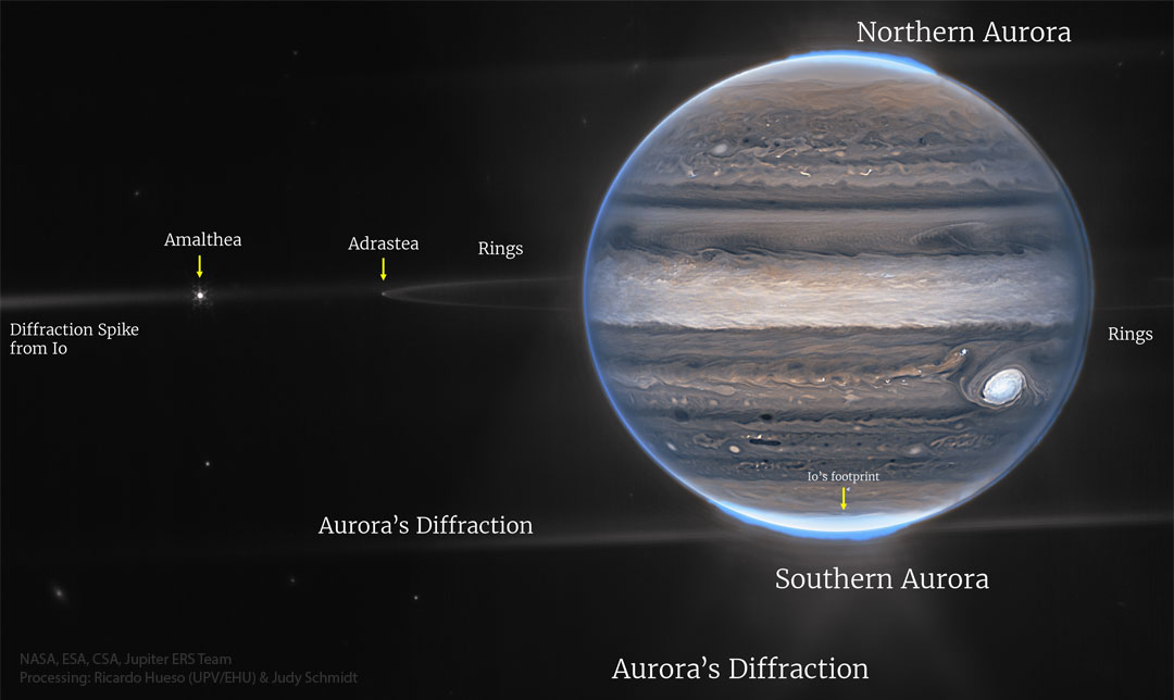 The featured image shows Jupiter in infrared light as captured
by the James Webb Space Telescope. Visible in unusually dark colours
are Jupiter's clouds including the Great Red Spot, a ring, 
several moons, and bright aurora.
Please see the explanation for more detailed information.