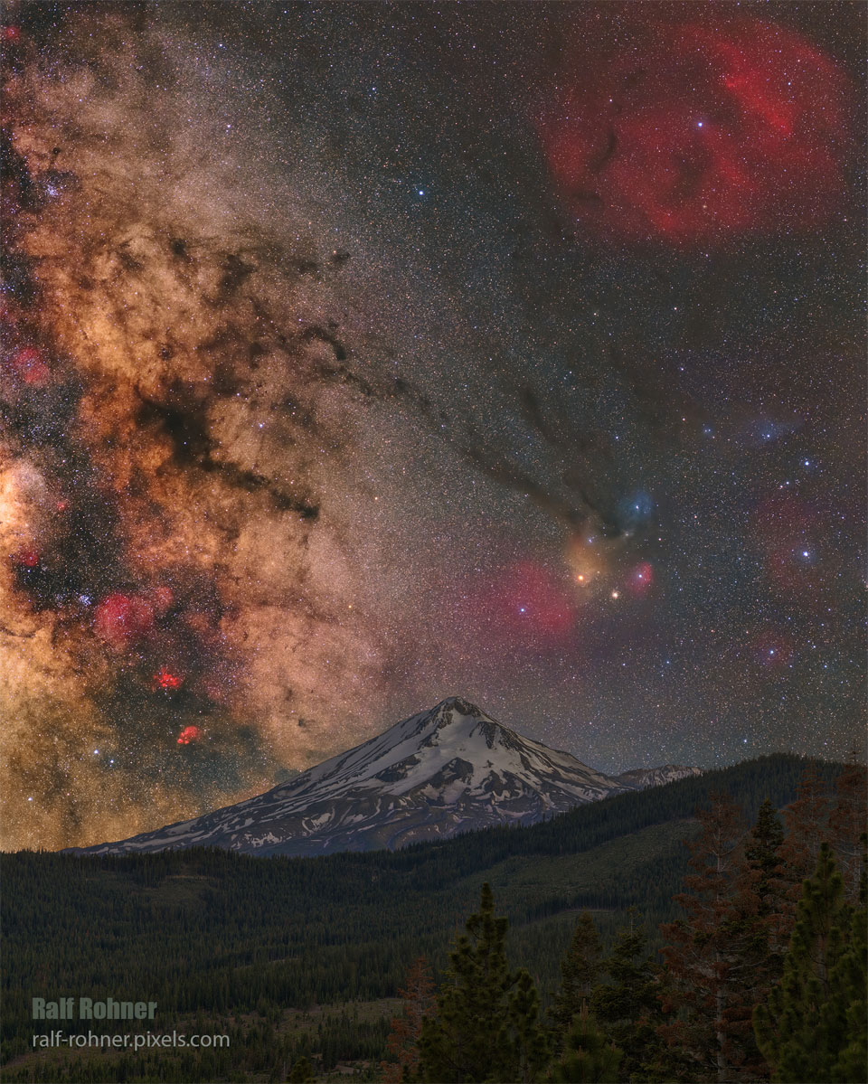 The featured image shows a snow-covered mountain with the
Milky Way Galaxy seen in the background on the left and the colour
starfield of the constellation Ophiochus seen in the background
on the right.
Please see the explanation for more detailed information.