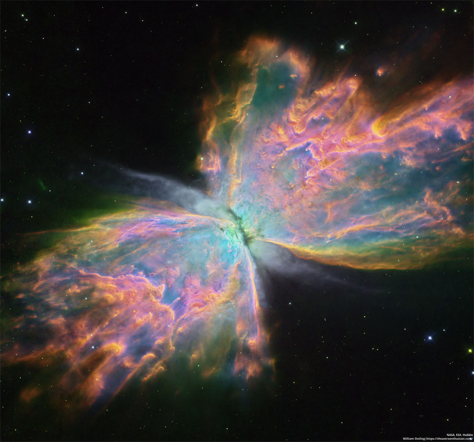 The featured image shows the Butterfly Nebula as imaged
by Hubble. The nebula appears very colourful due to a expansive
colour map used by the digitizing processor. 
Please see the explanation for more detailed information.