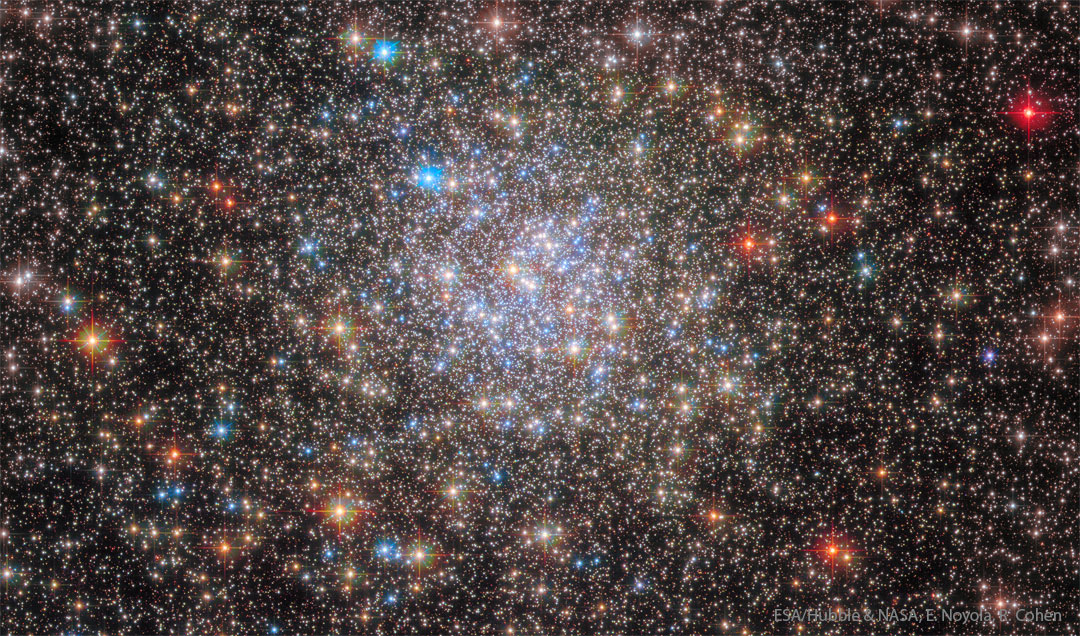A ball of stars containing thousands of stars is shown with mostly light
coloured stars but with some stars having vibrant colours.
Please see the explanation for more detailed information.