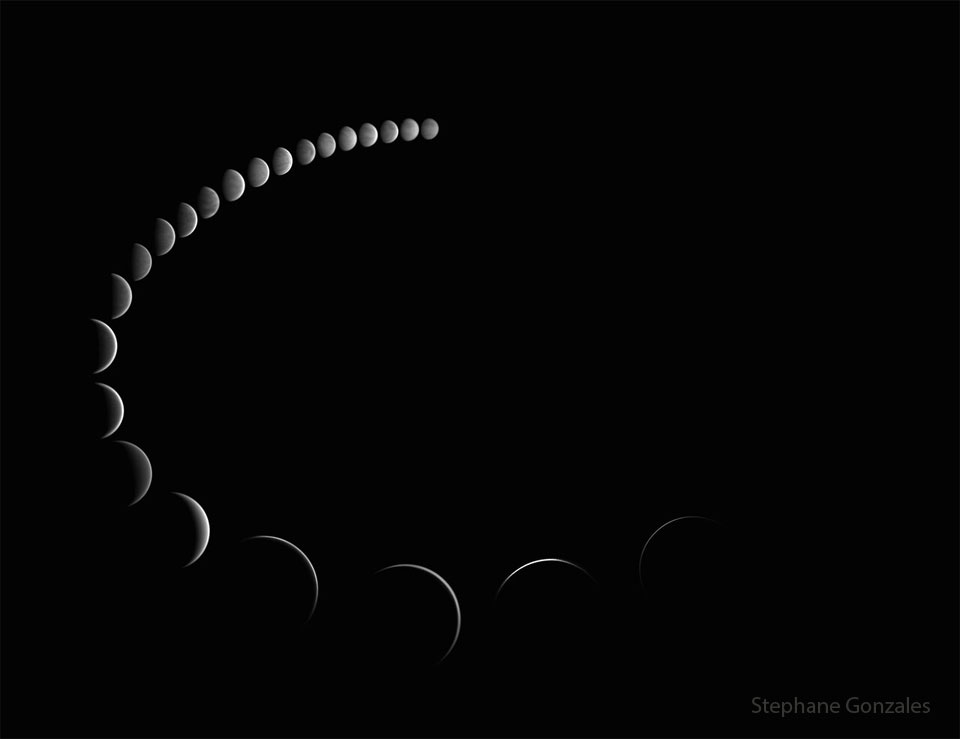 Many images of Venus are shown superposed. Together, they
make an arc from the top, around the left, to the bottom. The 
smallest images of Venus are at the top and show nearly complete
circles. The largest are at the bottom and show thin crescent.
phases. 
Please see the explanation for more detailed information.