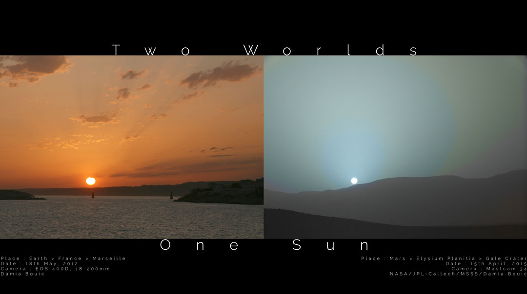 Two images are shown side by side. On the left is
a sunset seen from Earth, while on the right is a sunset
seen from Mars. The Earth sunset is quite orange, while
the Mars sunset is quite blue. The Sun appears angularly
smaller from Mars than from the Earth. 
Please see the explanation for more detailed information.