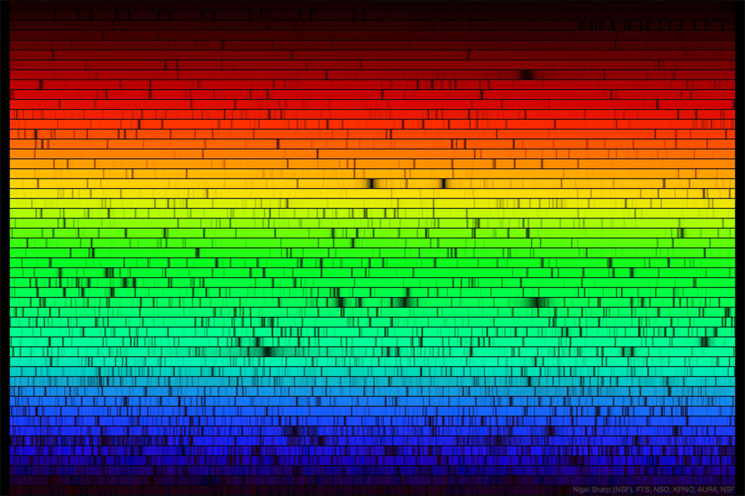 Colours from red at the top to blue at the bottom 
occupy this spectral image. In the midst of the colours
are some dark spots indicating missing colours. 
Please see the explanation for more detailed information.
