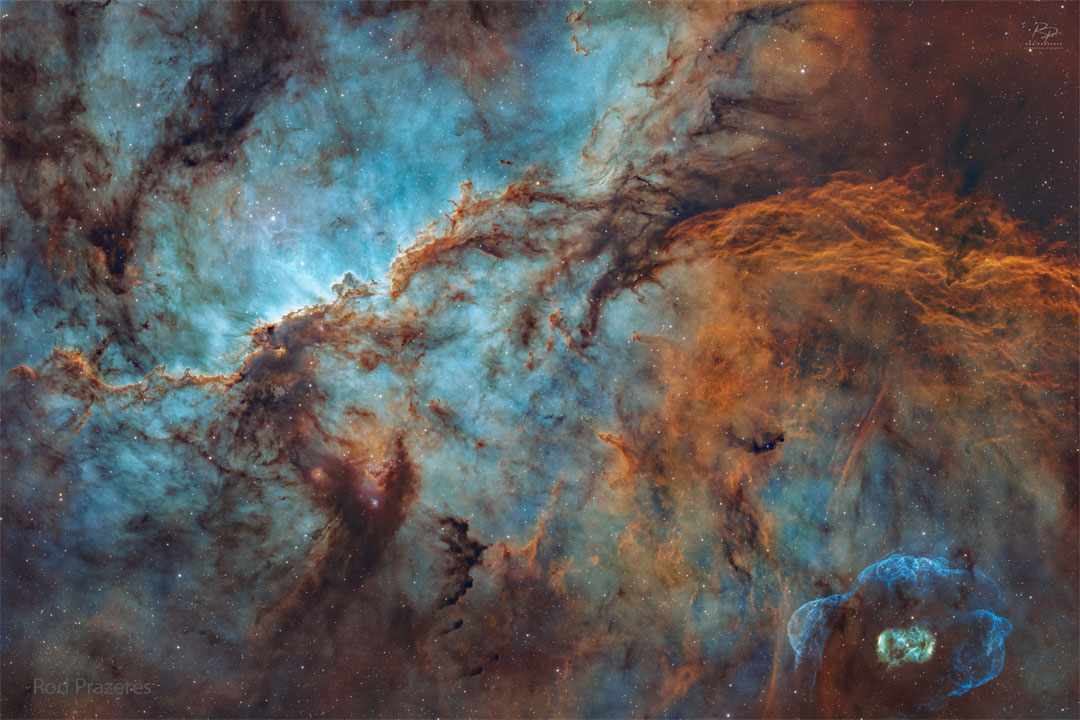 The featured image shows the nebulae NGC 6188 and NGC 6164.
The former is a star forming region near the image centre 
filled with glowing gas and laced with dust that resembles 
dragons. The smaller NGC 6164 is seen on the lower right 
is an emission nebula created by a single massive star in 
its centre. 
Please see the explanation for more detailed information.